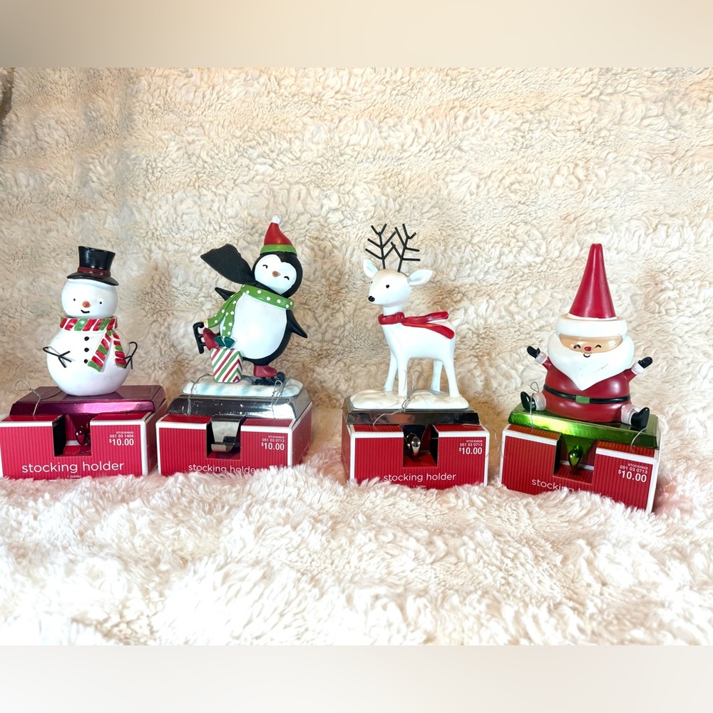 Rare Vintage Stocking Holders Set - Santa, Penguin, Snowman and Reindeer